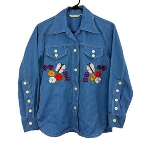 Vtg Blanquita Embroidered Denim Shirt Womens M 36 Blue Long Sleeve Button Floral